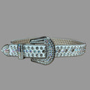 A white leather belt with a Western style bling buckle and rhinestone embellishments throughout.