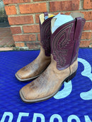 Men's Anderson Bean square toe Mad Cat Goat boots with a Glove Burgundy shaft.  Side view showing the intricate stitch pattern on the 10 inch shaft. 