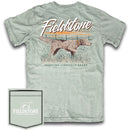Fieldstone branded seafoam green short sleeve pocket t-shirt with a graphic of an English setter dog in a field. and the brand name 'Fieldstone' displayed. 