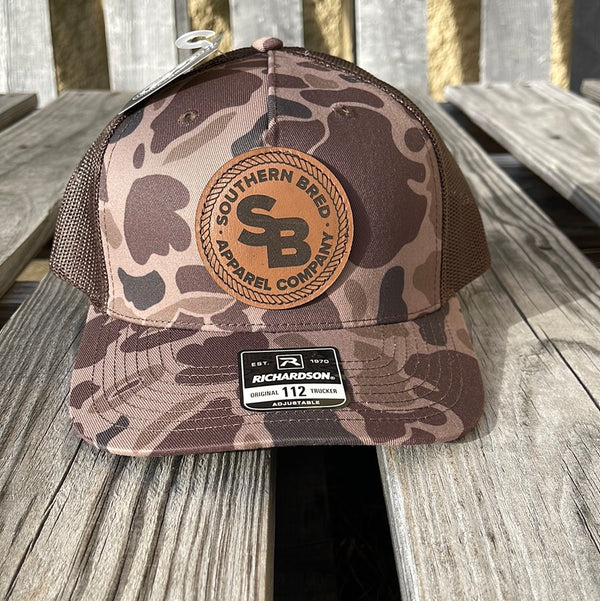 Southern Bred Caramel Leather Patch Richardson 112 Adjustable Snap Back Cap In Bark Duck