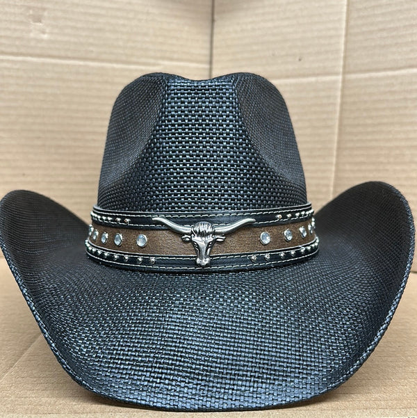 Longhorn Straw Hat with Rhinestone Leather Band