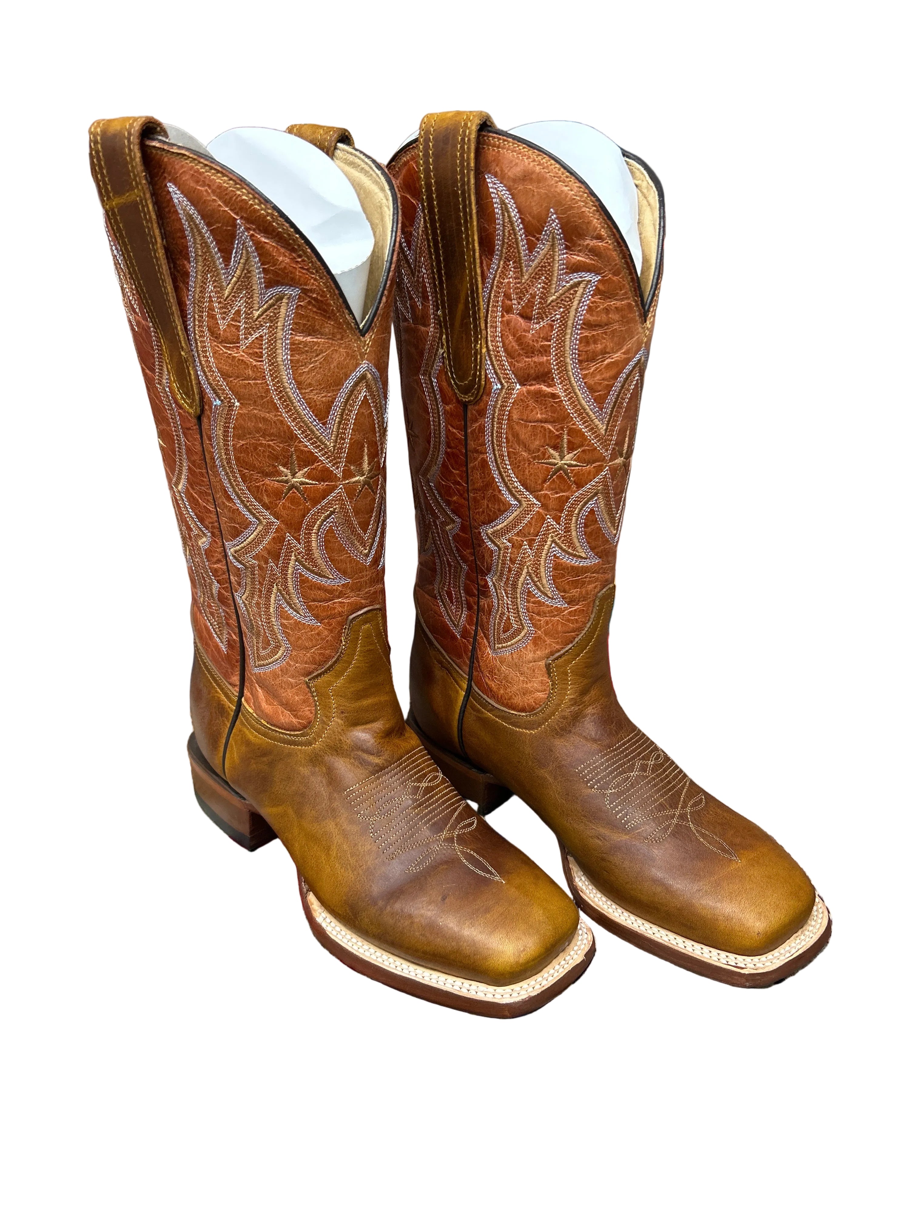 Brown leather square toe boots with a 12 inch shaft from Cowtown. 