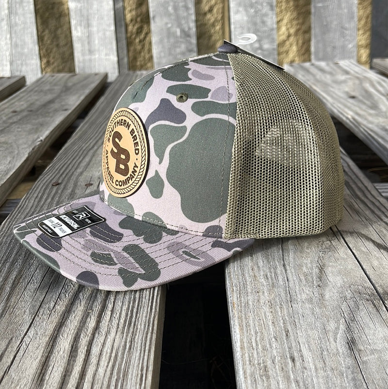 Southern Bred Logo Natural Leather Patch Richardson 112PFP Adjustable Snap Back Cap In March Duck