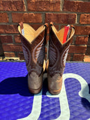 Women's Anderson Bean square toe boots in Tan Zebra. These boots have a 11" brown shaft. Rear View