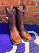 Women's Anderson Bean square toe boots with a Mad Cat Goat Skin vamp and a Glove Burgundy Goat Skin top.