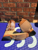 Women's Anderson Bean square toe boots in Tan Zebra. These boots have a 11" brown shaft. Bottom View showing hybrid outsole. 