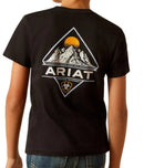 Boy's Ariat short sleeve black graphic print T-Shirt.  Rear view showing a graphic print featuring mountains with the Ariat logo. 