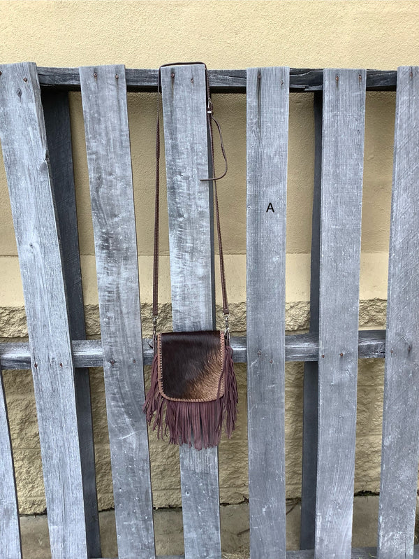 Top Notch Accessories 3020CF Coffee Hair On Tooled Leather Small Fringe Crossbody