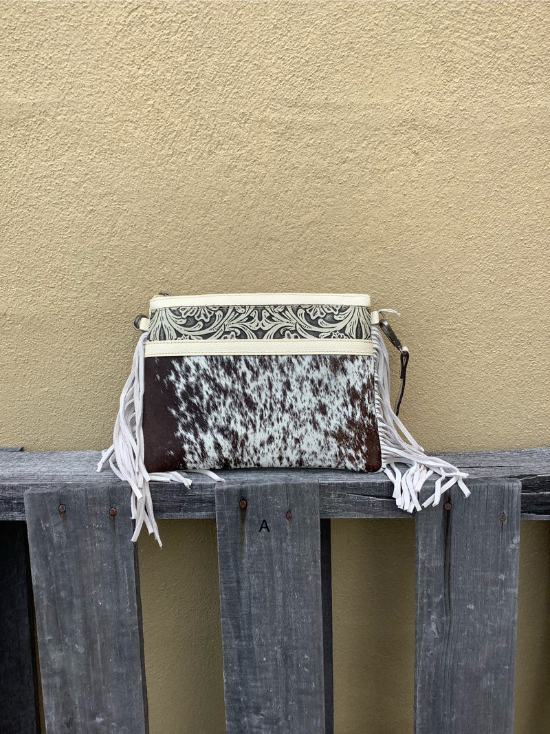 Top Notch Accessories 3064BG Beige Cowhide Small Crossbody with Fringe