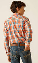 Boy's Ariat long sleeve Retro fit snap shirt in Arabesque, a orange and blue plaid.  Rear View