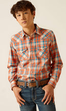 Boy's Ariat long sleeve Retro fit snap shirt in Arabesque, a orange and blue plaid.  Front view showing shirt tucked in. 