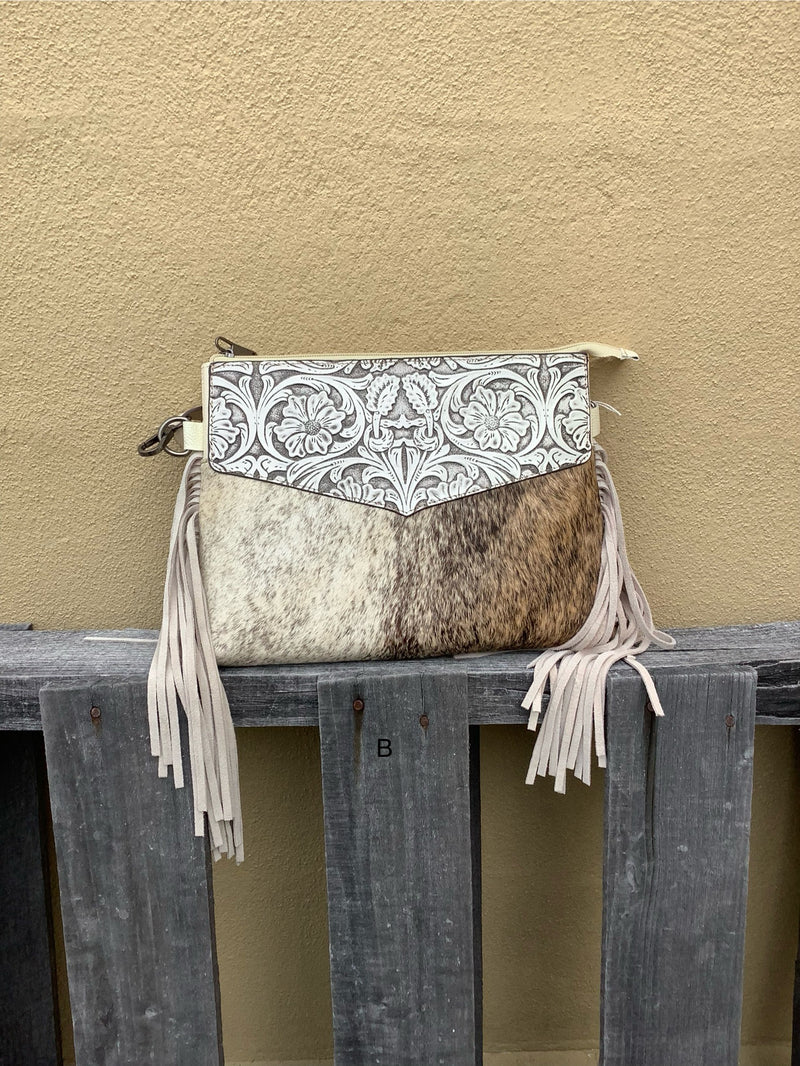 Top Notch Accessories Tooled Leather & Cowhide Purse In Beige 3073-1BG