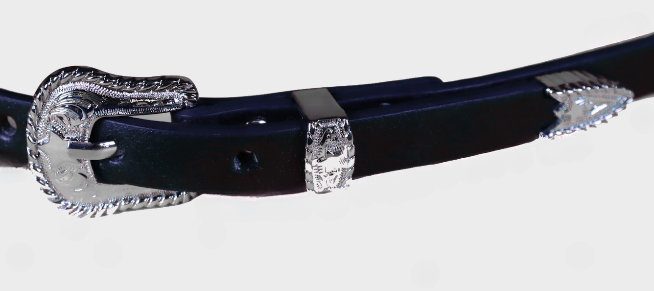 Western style Black Longhorn Concho leather hat band. Close up view of belt.