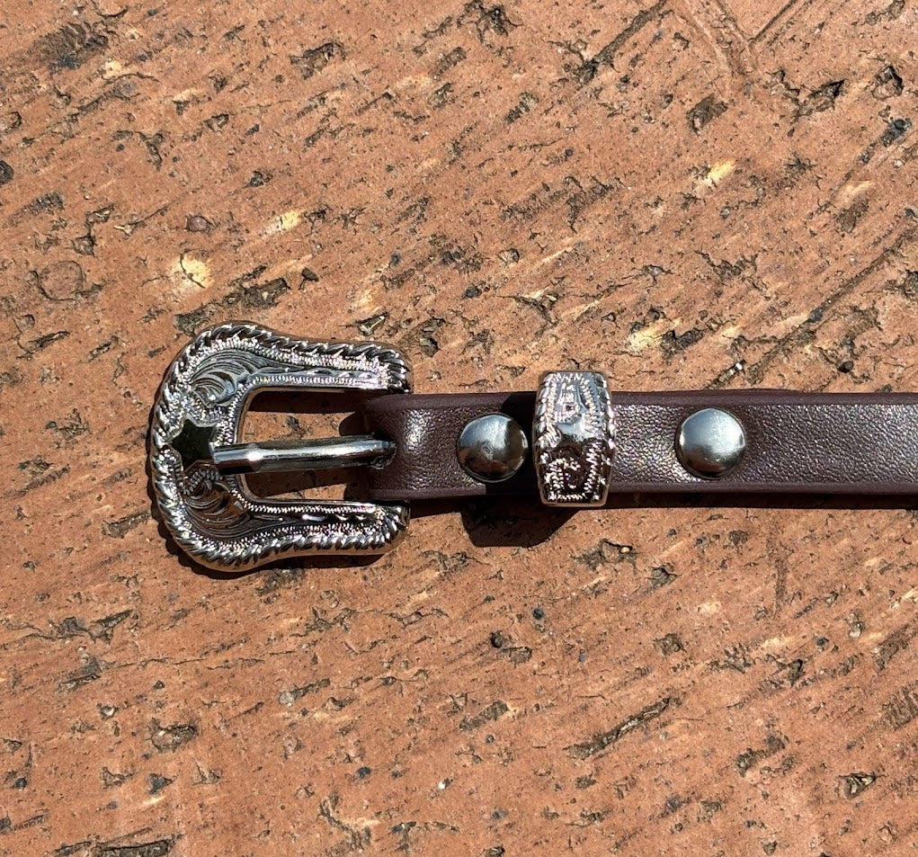 Coffee Brown leather hat band with silver buckle on a wooden surface