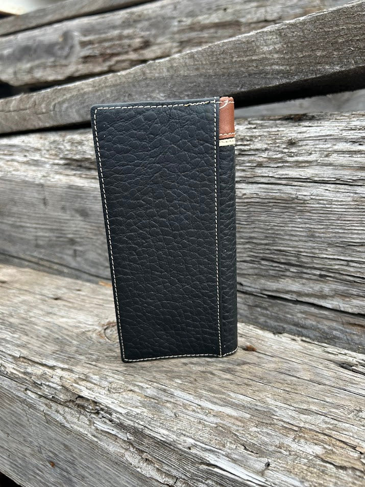 Black leather wallet with brown accents on a wooden surface