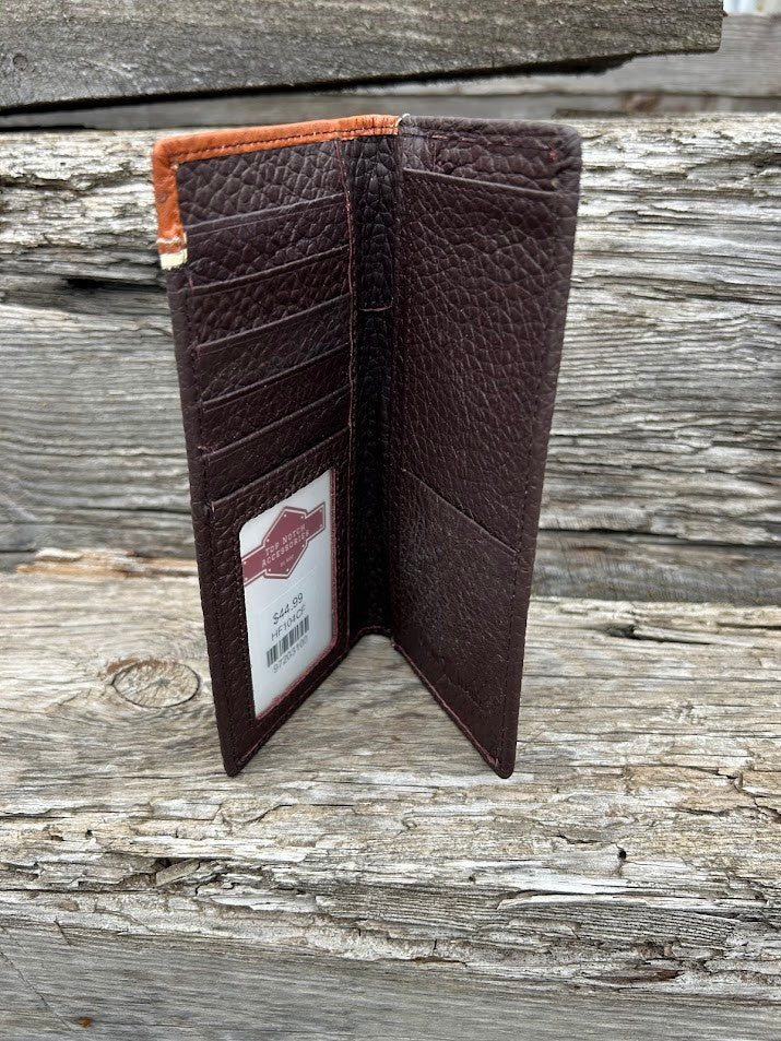 Coffee Brown leather checkbook wallet with a Horse Concho. Inside view showing ID window, and multiple card and cash slots. 