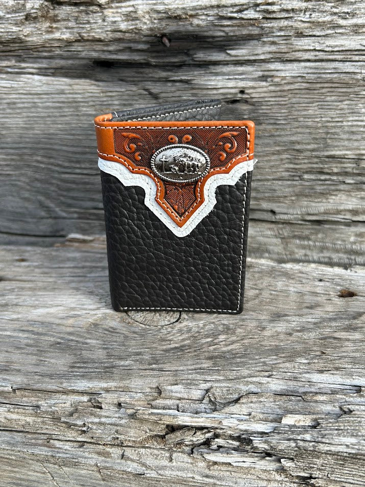 Coffee Brown leather trifold wallet with embossed Brown overlay top featuring a Praying Cowboy Concho. Front View 