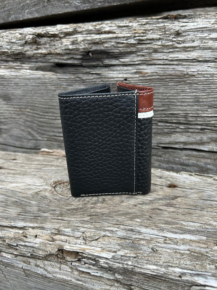 Black pebbled leather trifold wallet with a brown leather overlay featuring a Bull Rider Concho. Rear View
