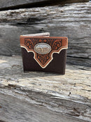 Coffee Brown leather bifold wallet with embossed Brown overlay featuring a Longhorn Concho. Front View