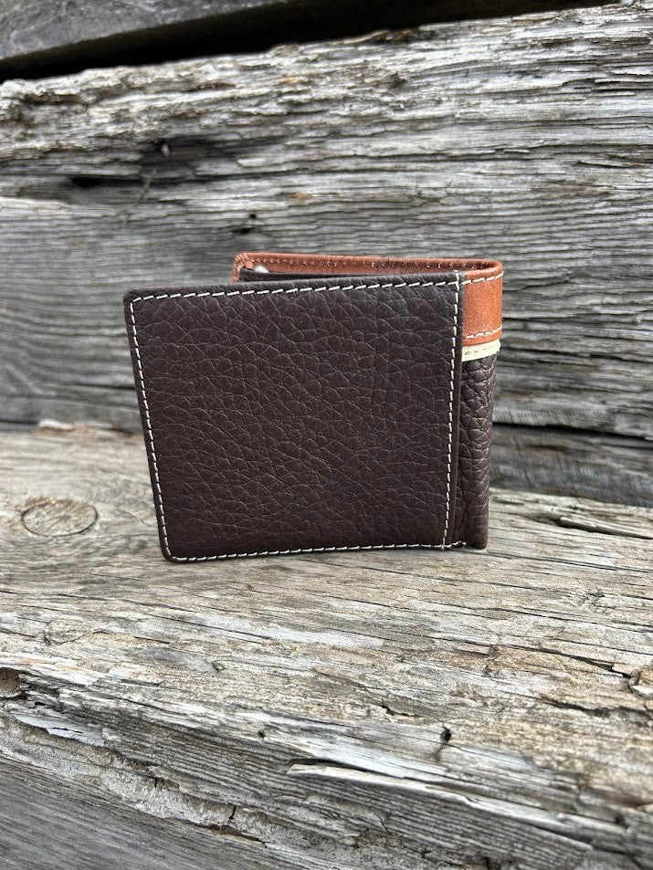 Coffee Brown leather bifold wallet with embossed Brown overlay featuring a Longhorn Concho. Rear View