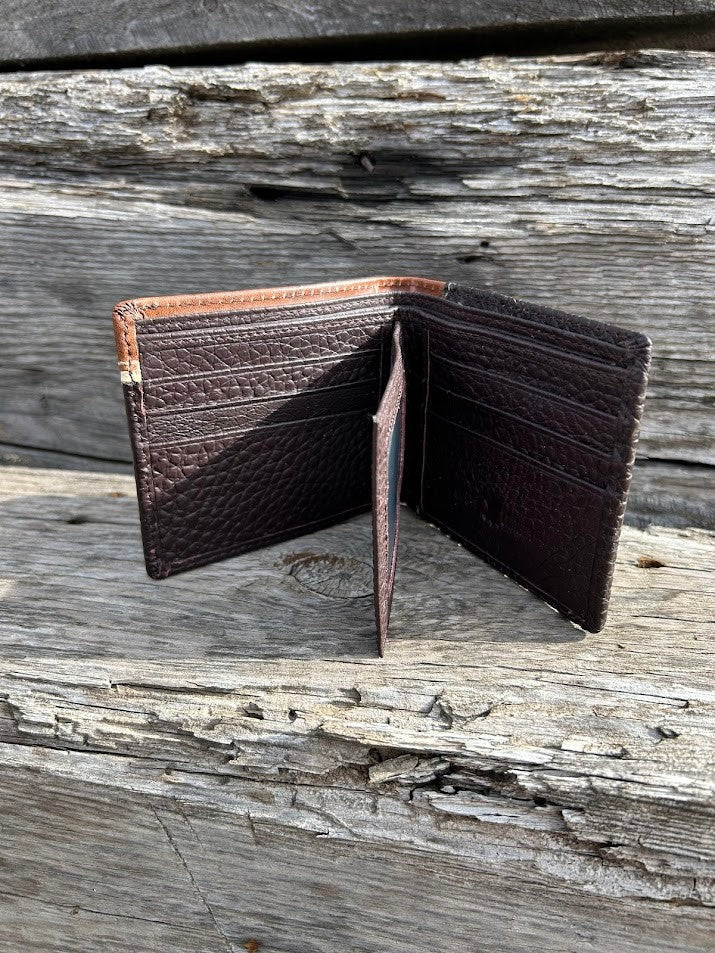 Coffee Brown leather bifold wallet with Star Concho. Inside view showing multiple card slots and dual ID window. 