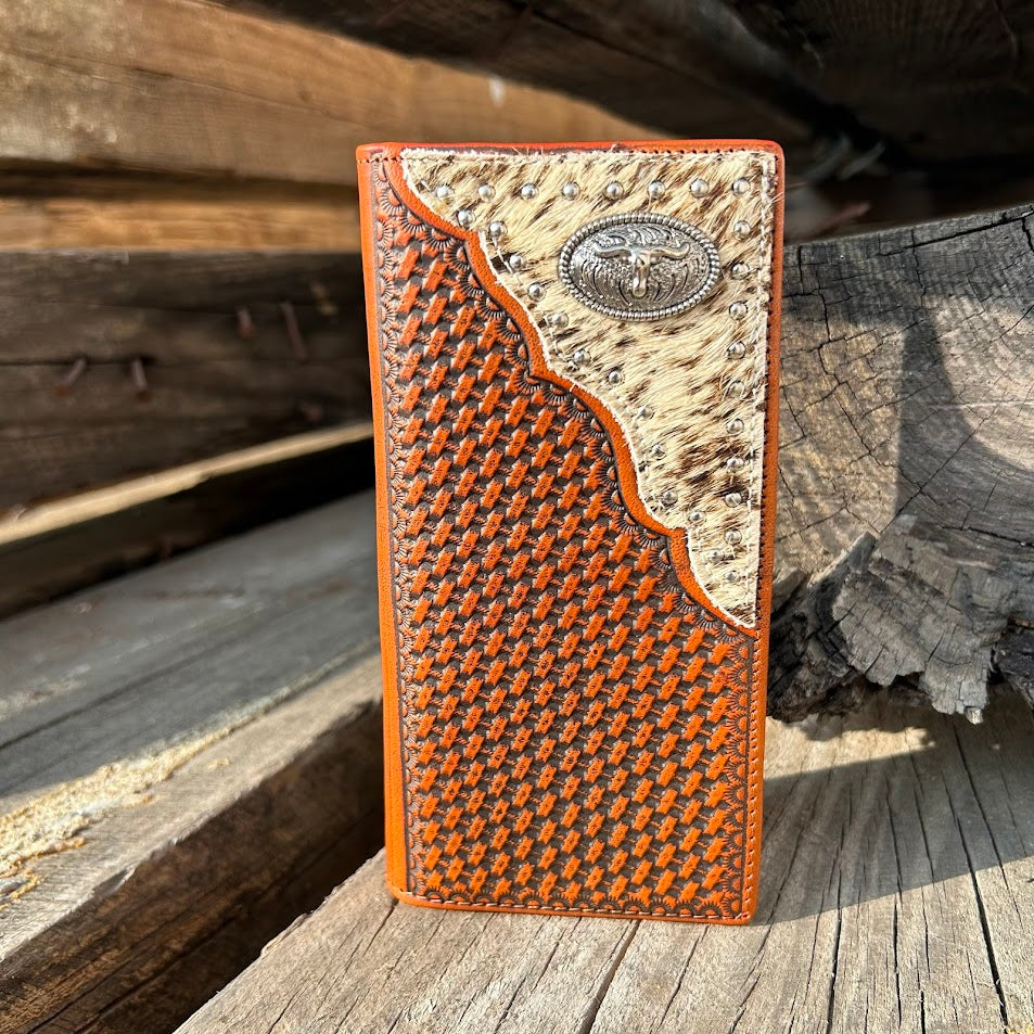 Brown basketweave leather tall wallet with a cowhide inlay featuring a Longhorn Concho. Front View A