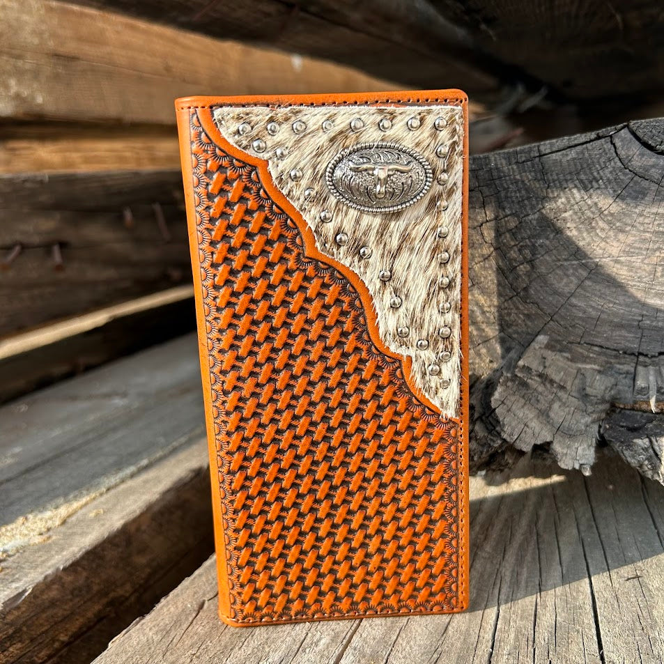 Brown basketweave leather tall wallet with a cowhide inlay featuring a Longhorn Concho. Front View B
