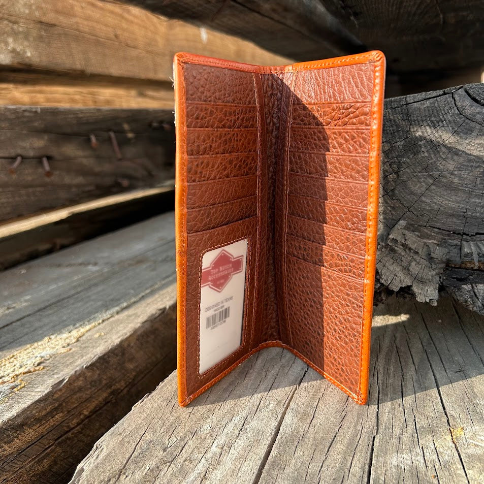 Brown basketweave leather tall wallet with a cowhide inlay featuring a Longhorn Concho. Inside view showing multiple card slots, ID window, and cash slots. 