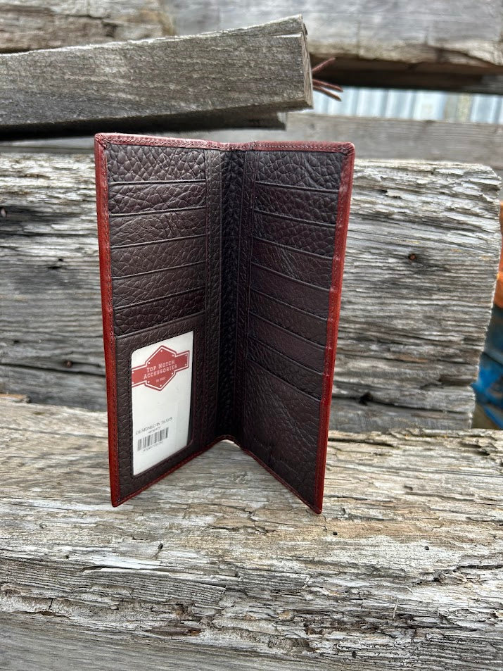Coffee Brown basketweave leather tall wallet with hair-on corner featuring a Longhorn Concho. Inside view showing thirteen card slots, a ID wallet, and multiple cash slots. 