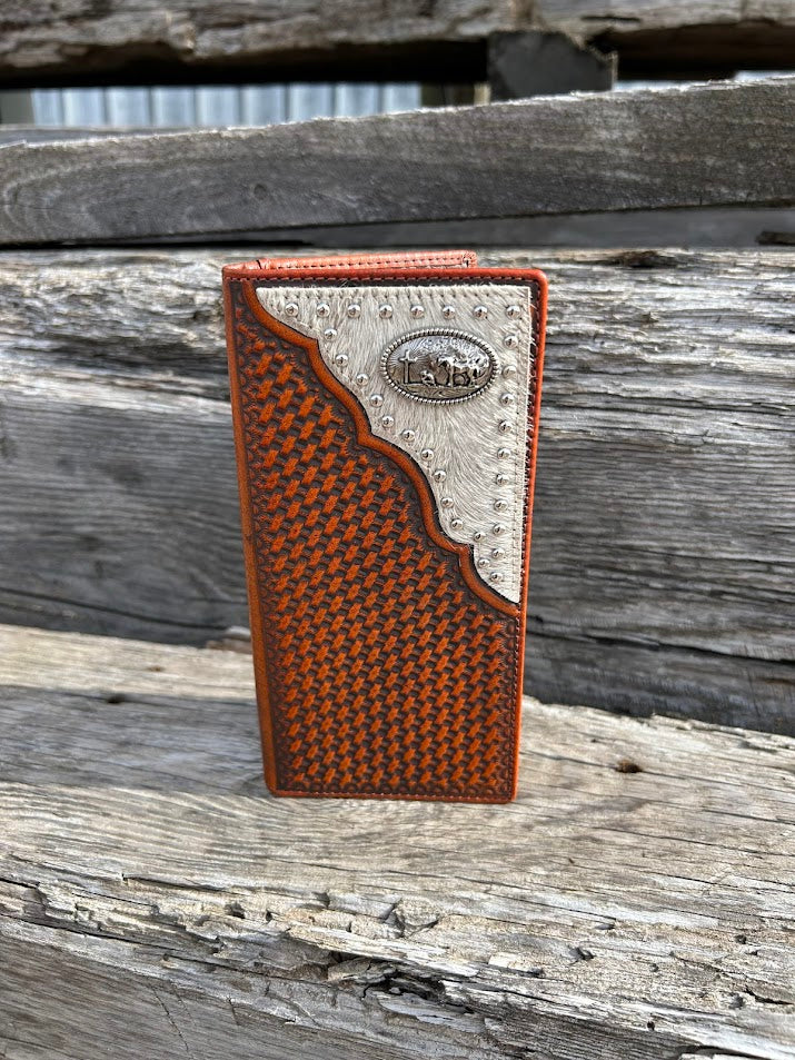 Brown Basketweave leather tall wallet with a Praying Cowboy Concho on a cowhide inlay. Front  View A