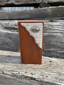 Brown Basketweave leather tall wallet with a Praying Cowboy Concho on a cowhide inlay. Front  View A