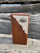 Brown Basketweave leather tall wallet with a Praying Cowboy Concho on a cowhide inlay. Front View B