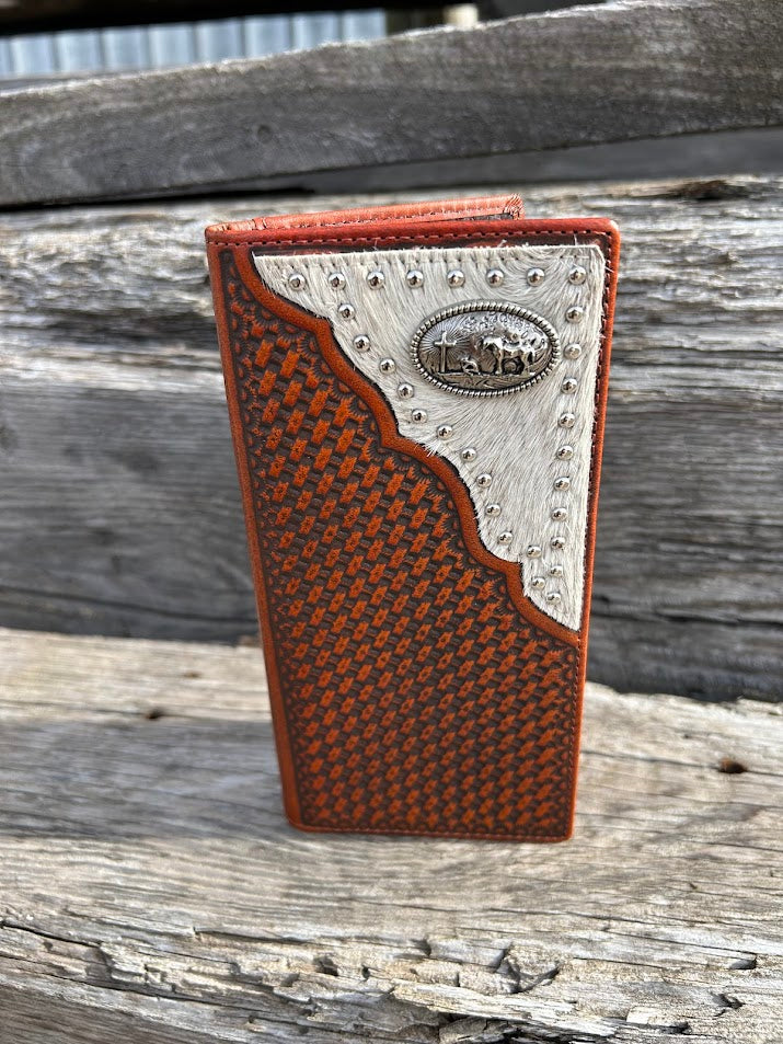 Brown Basketweave leather tall wallet with a Praying Cowboy Concho on a cowhide inlay. Front View C