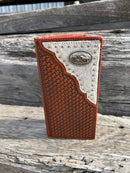 Brown Basketweave leather tall wallet with a Praying Cowboy Concho on a cowhide inlay. Front View C