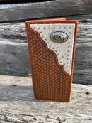 Brown Basketweave leather tall wallet with a Praying Cowboy Concho on a cowhide inlay. Front View D