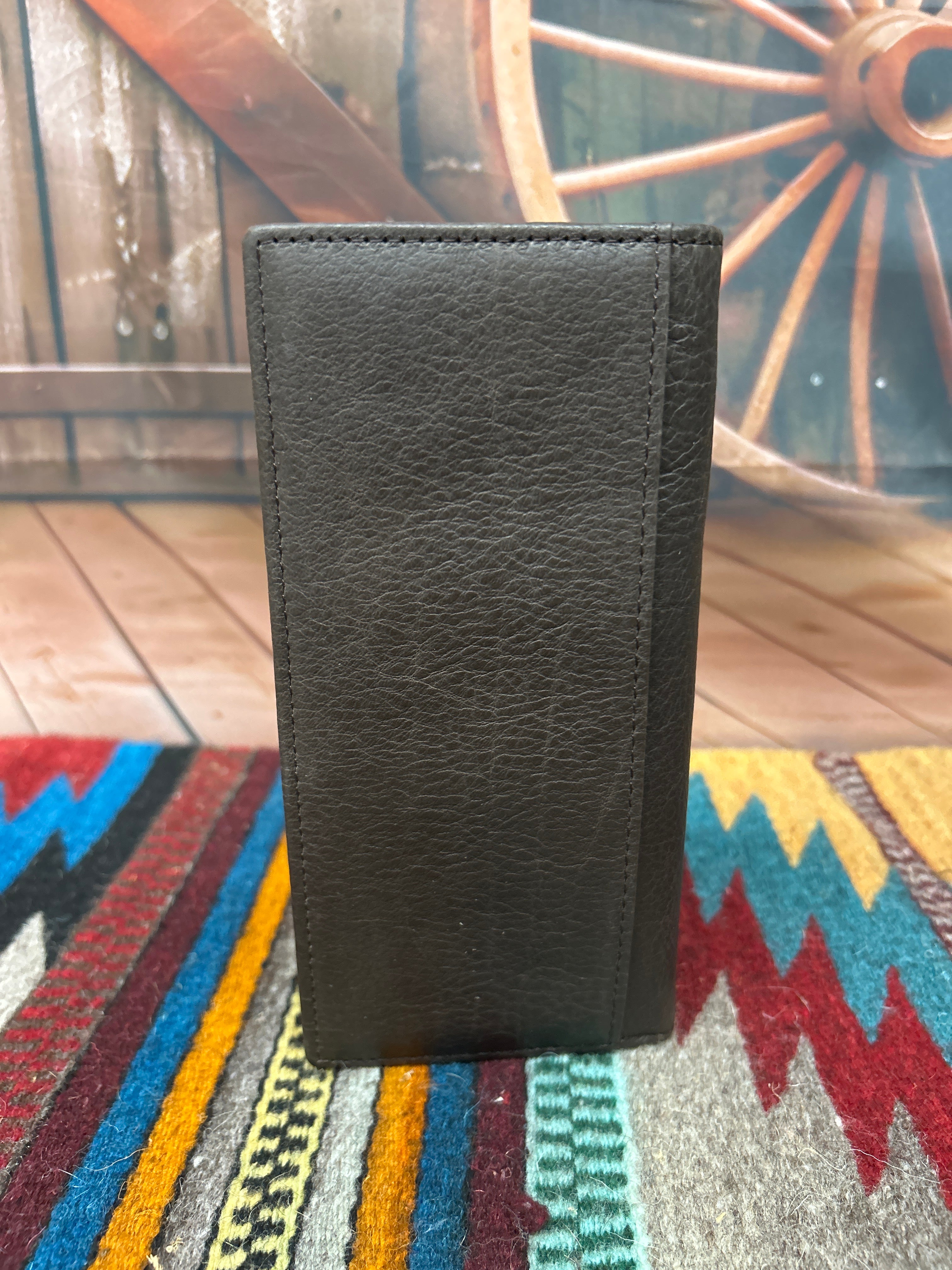 This Coffee Brown basketweave leather wallet features a Praying Cowboy Concho on a Hair- On corner.  Rear view showing a additional cash slot. 