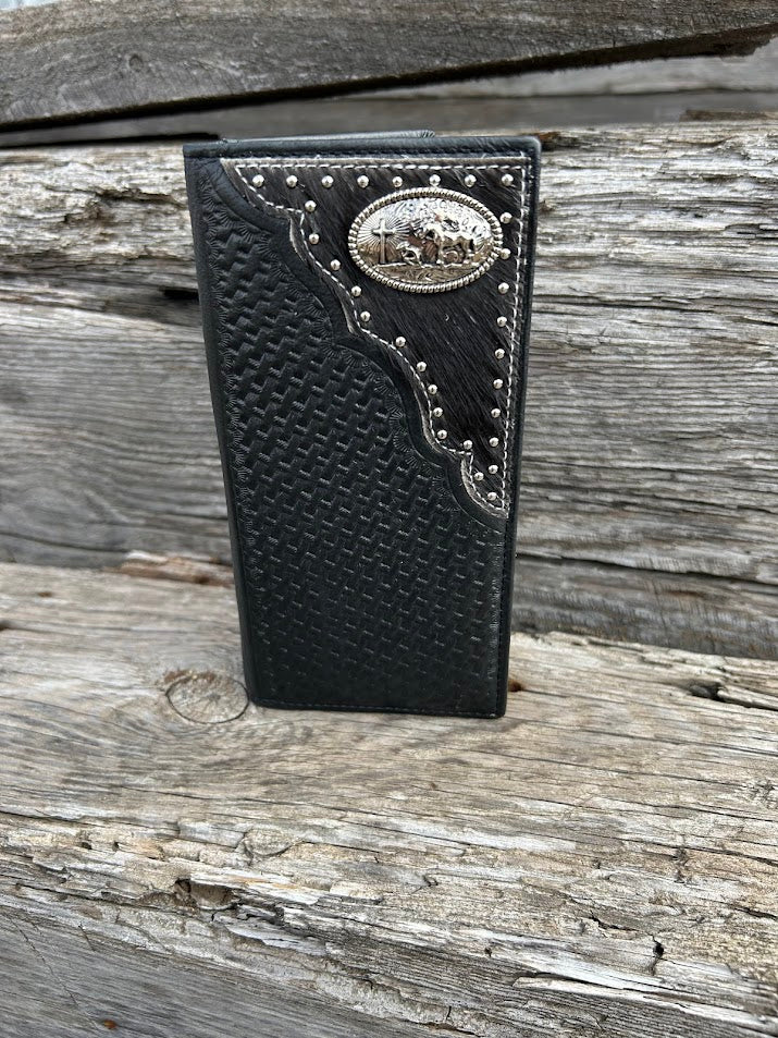 Black basketweave leather checkbook wallet with silver  Praying Cowboy concho on cowhide. Front View