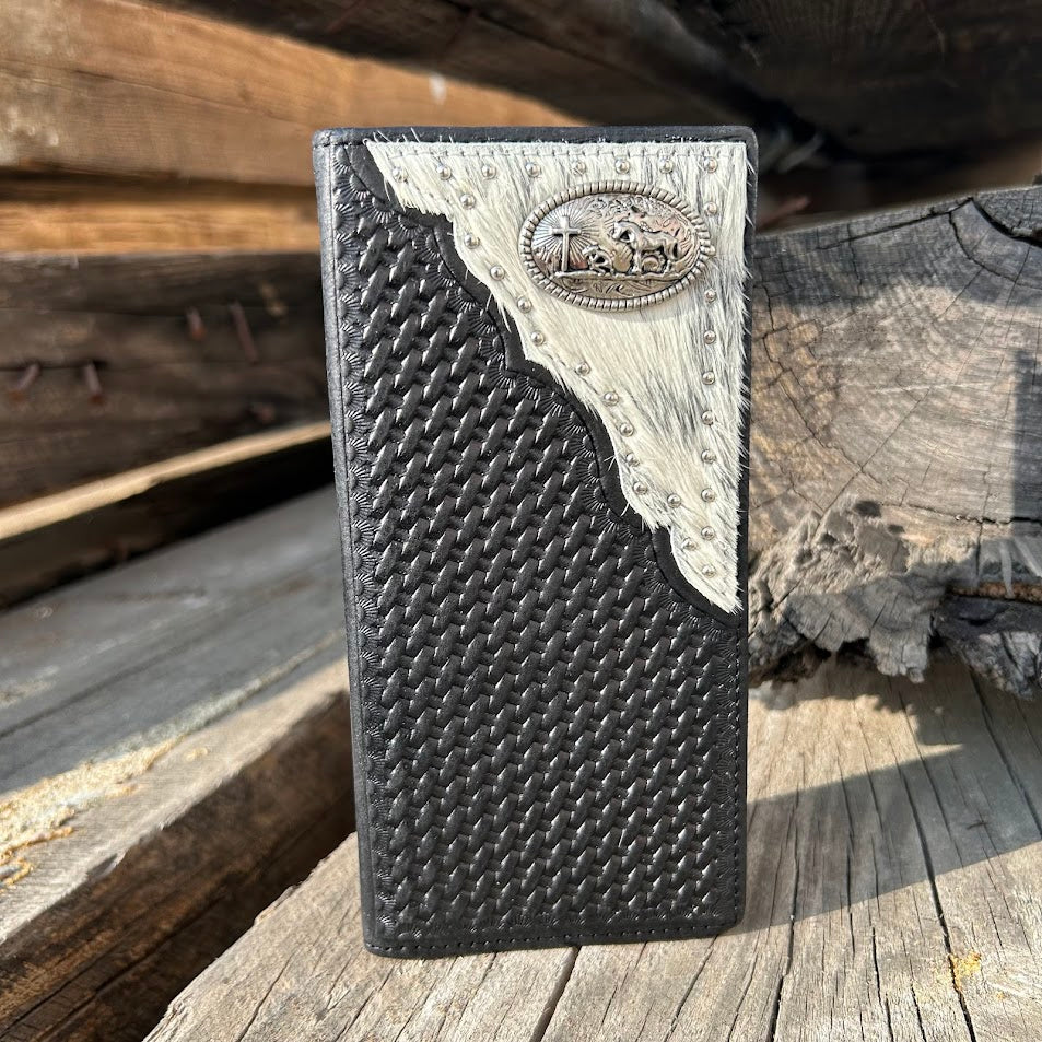 Black basketweave leather checkbook wallet with silver  Praying Cowboy concho on cowhide. Front View B 