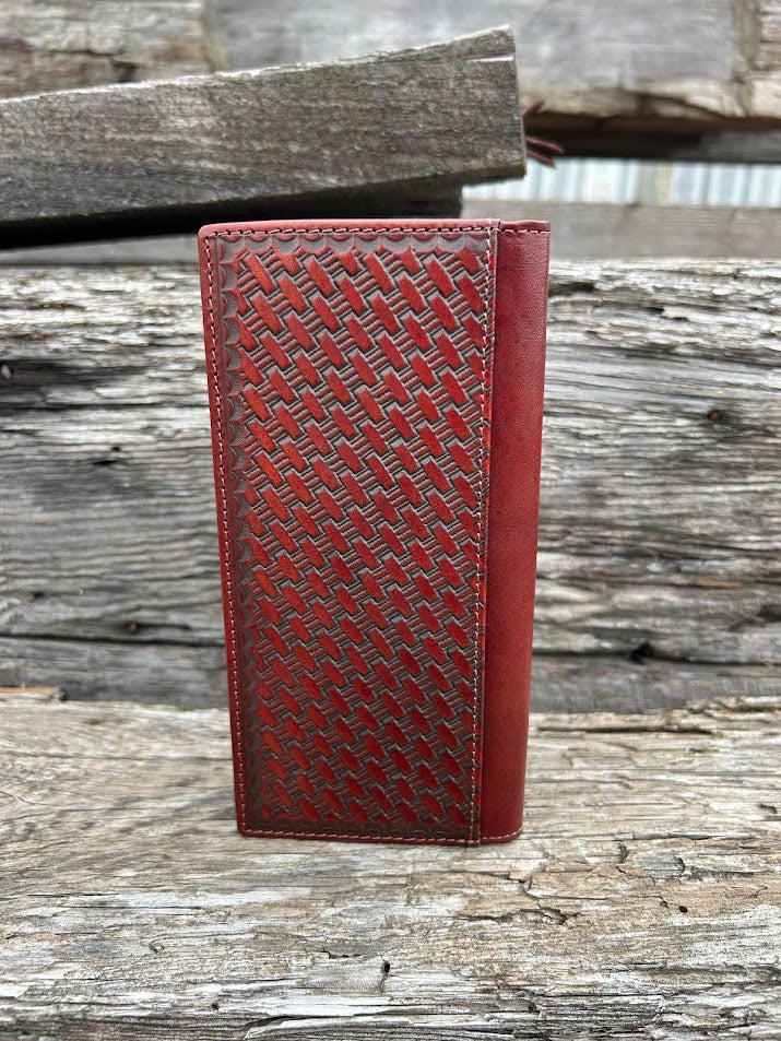 Coffee Brown basketweave leather wallet with a Praying Cowboy Concho on a cowhide inlay. Rear View