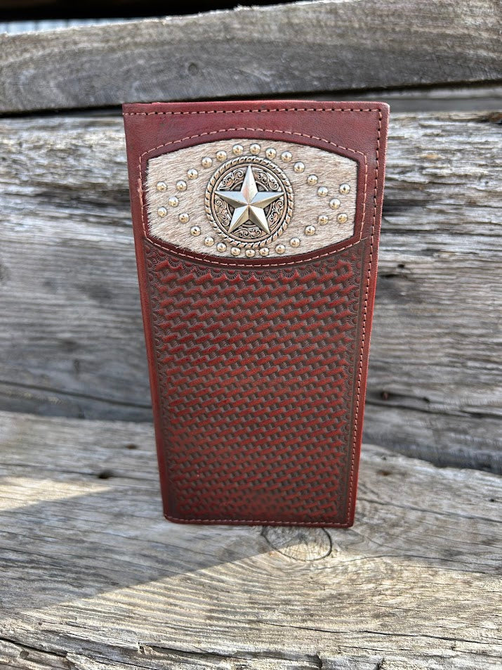Coffee Brown basketweave leather tall wallet with a Star Concho on a cowhide inlay. Front View A