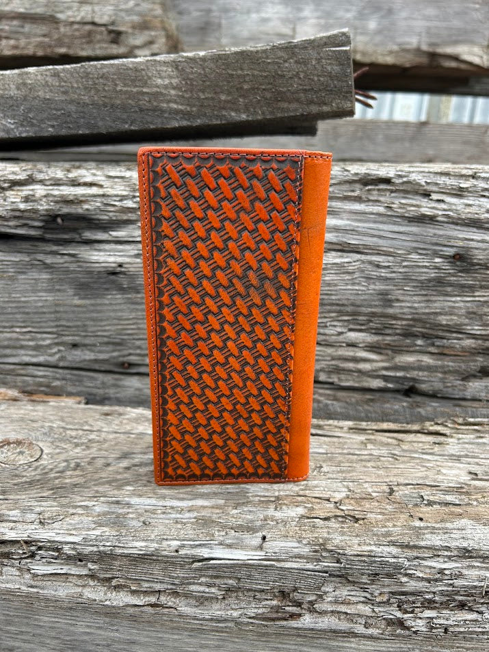 Brown basketweave leather tall wallet with a cowhide inlay featuring a Bull Rider Concho. Rear View