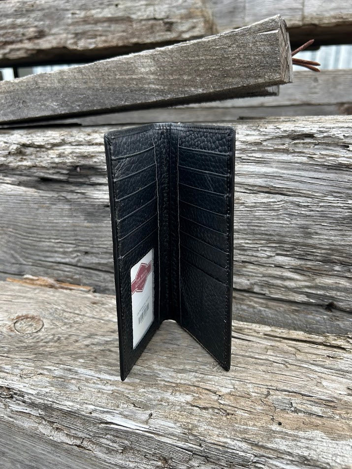 Black basketweave leather wallet with star concho design on a cowhide corner. Inside view showing thirteen card slots, an ID window, and multiple cash slots. 