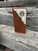Brown basketweave leather tall wallet with a cowhide inlay corner featuring a Pistols Concho. Front View A