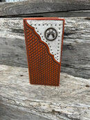 Brown basketweave leather tall wallet with a cowhide inlay corner featuring a Pistols Concho. Front View C