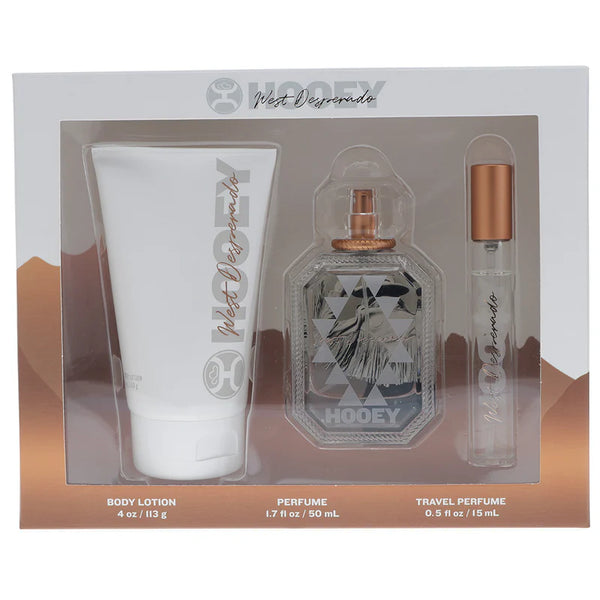 Hooey by West Desperado fragrance set including 4 ounce body lotion, 1.7 ounce full size perfume, and 0.5 ounce travel perfume. Front View