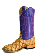 Men's Horse Power Top Hand Antique Saddle Big Bass square toe boots with a 13" leather Purple Wipeout top. Single boot stock photo. 