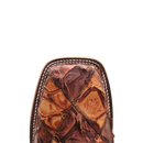 Men's Horse Power HP8052 13-inch turquoise shaft patchwork big bass boot with a square toe. Close up of toe