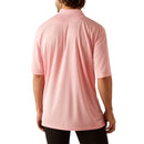 Men's Ariat Tek short sleeve Polo in Pink. Rear view showing shirt untucked. 