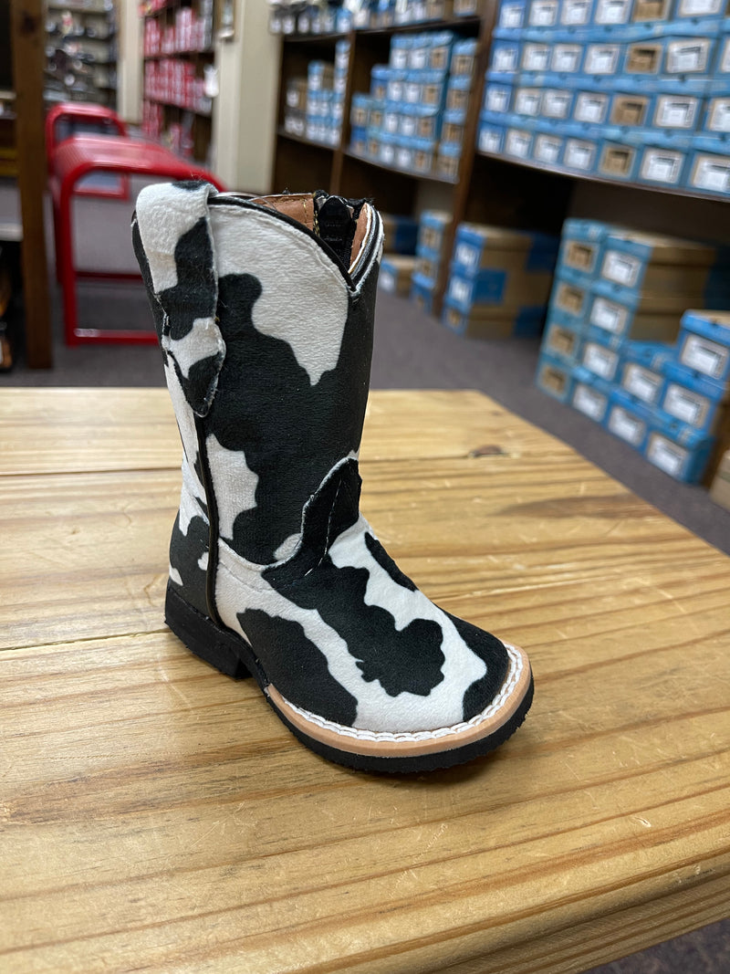 Infant Girl's Tanner Mark TMI205180 Elsie Black & White Cowhide Print Square Toe Boot