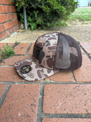 Rectangle leather patch with Oxford, Mississippi Established 1817 on a old school brown camo Richardson 112PFP cap. Cap features a brown mesh back and is adjustable. Side View